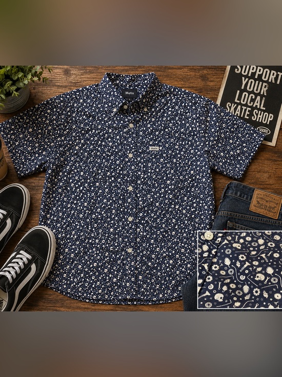 Matix Other - Matix Skull Print Button Up Shirt Large Blue White Short Sleeve Skate Surf